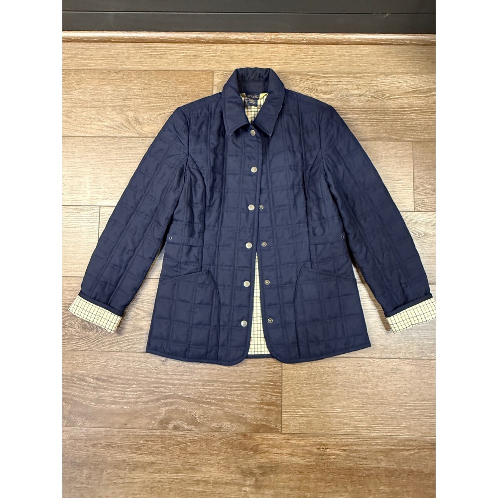 Brooks Brothers Women's Quilted Jacket Navy Blue Plaid Interior Snaps Barn Sz 2